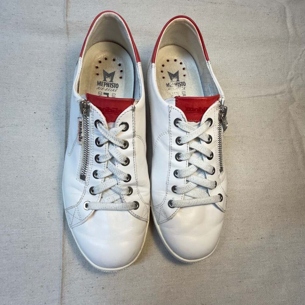 Mephisto Mobils White Leather Side-Zip Sneakers with Red Trim